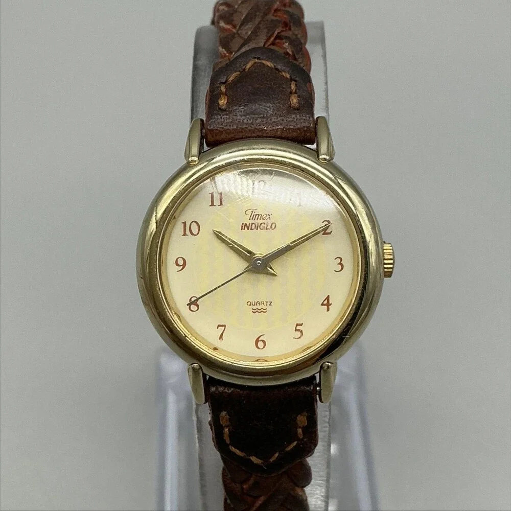 Vintage Timex Indiglo Womens Watch Champagne Dial Brown Leather New Battery